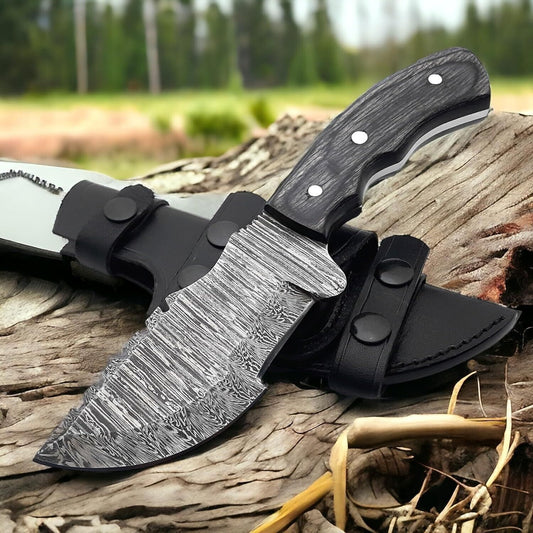 Handmade 10" Damascus Steel Tracker Knife – Wood Handle Hunting, Camping & Survival Knife with Sheath