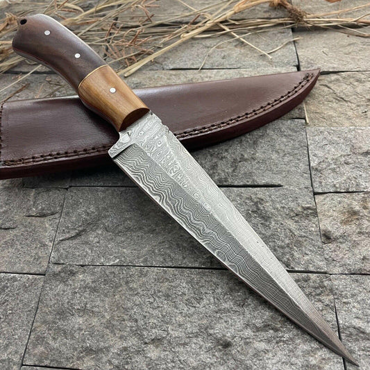 Handmade 11" Full Tang Damascus Bowie Hunting Knife – Wooden Handle with Leather Sheath