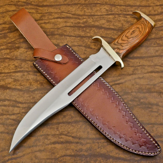 Handmade 12-Inch D2 Steel Clip Point Bowie Hunting Knife with Pakka Wood Handle & Leather Sheath