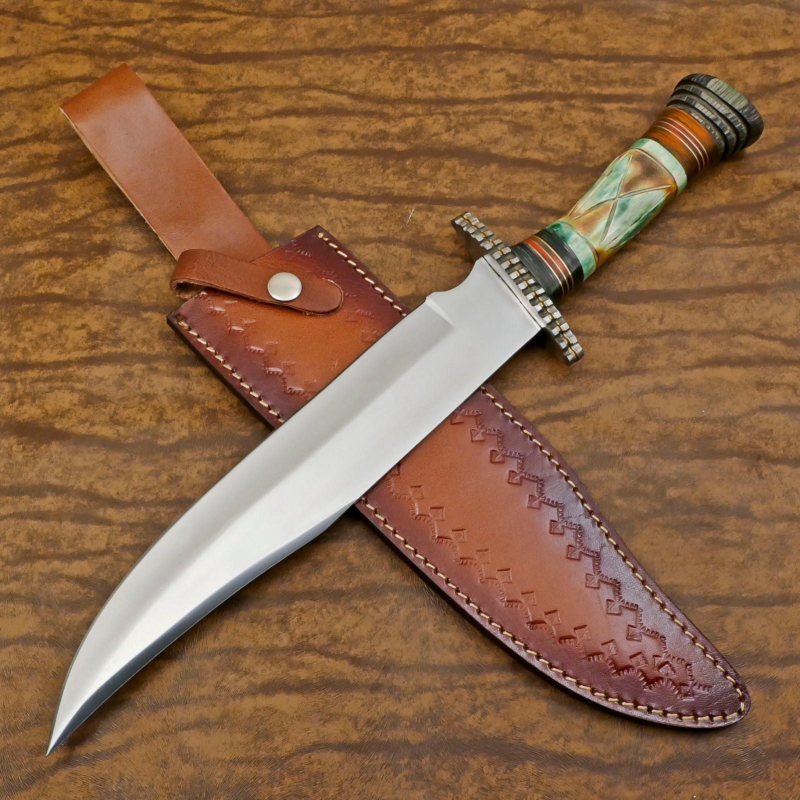 Handmade 12-Inch D2 Steel Clip Point Bowie Hunting Knife with Bone & Wood Handle & Sheath