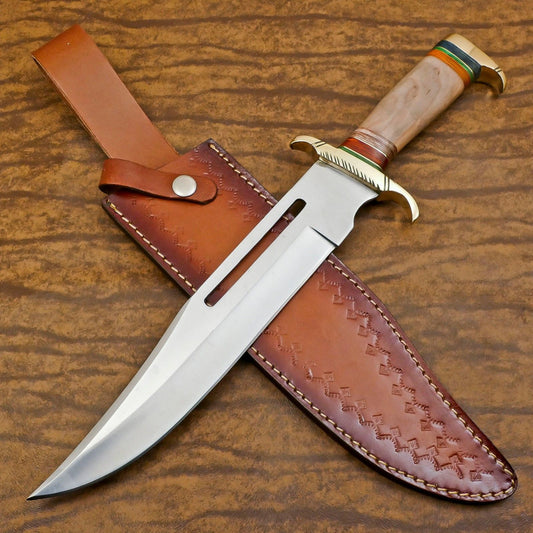 Handmade 12-Inch D2 Steel Clip Point Bowie Hunting Knife with Olive Wood Handle & Sheath