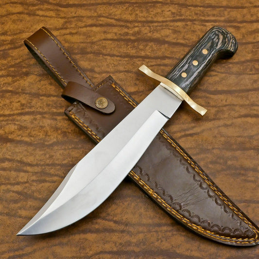 Handmade 12-Inch D2 Steel Clip Point Bowie Hunting Knife with Pakka Wood Handle & Leather Sheath