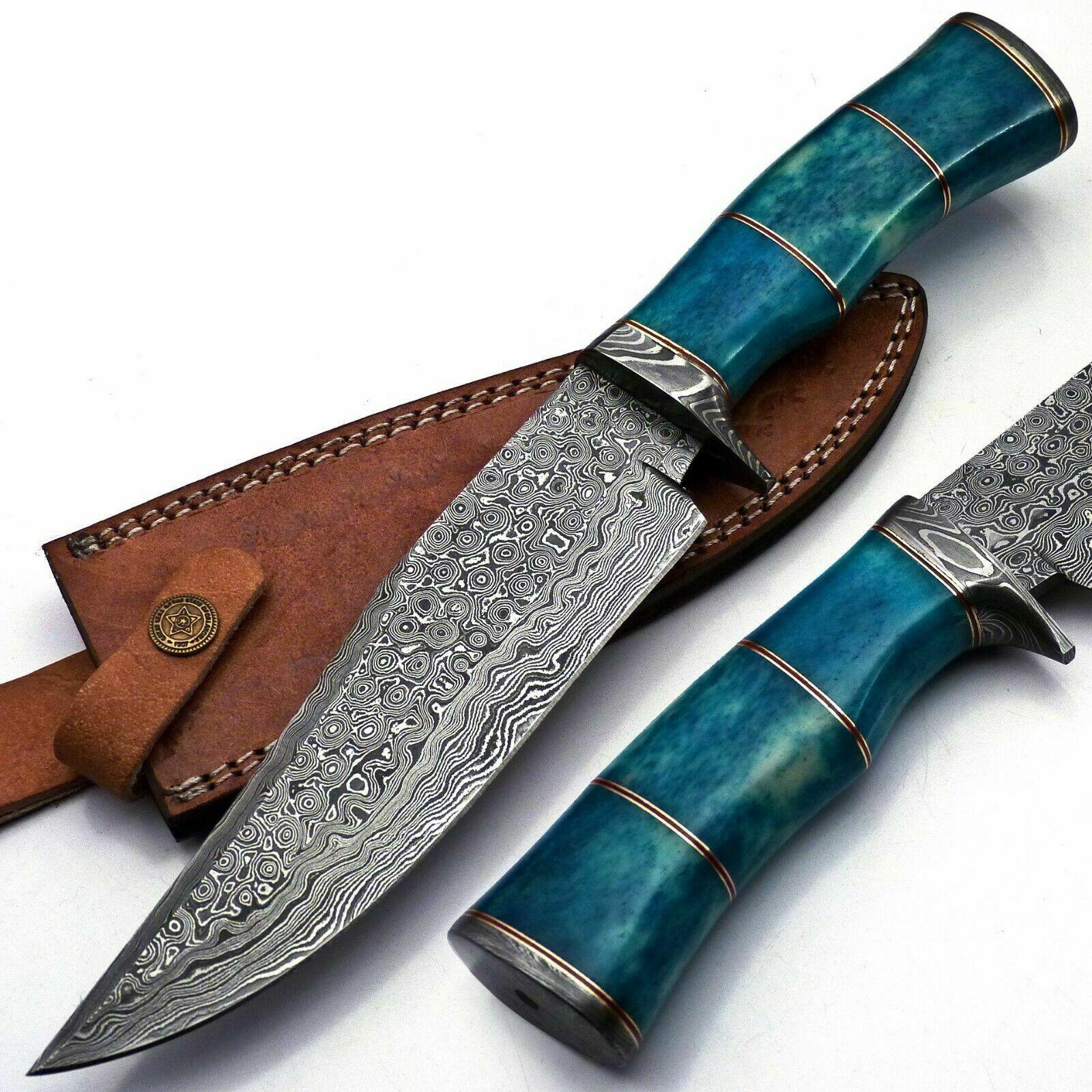 Handmade 12.5" Damascus Steel Hunting Bowie Knife – Colored Camel Bone Handle