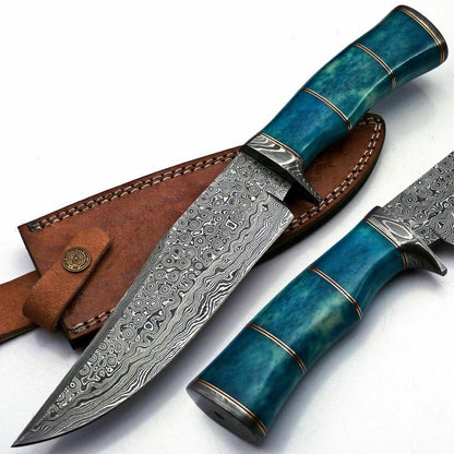 Handmade 12.5" Damascus Steel Hunting Bowie Knife – Colored Camel Bone Handle