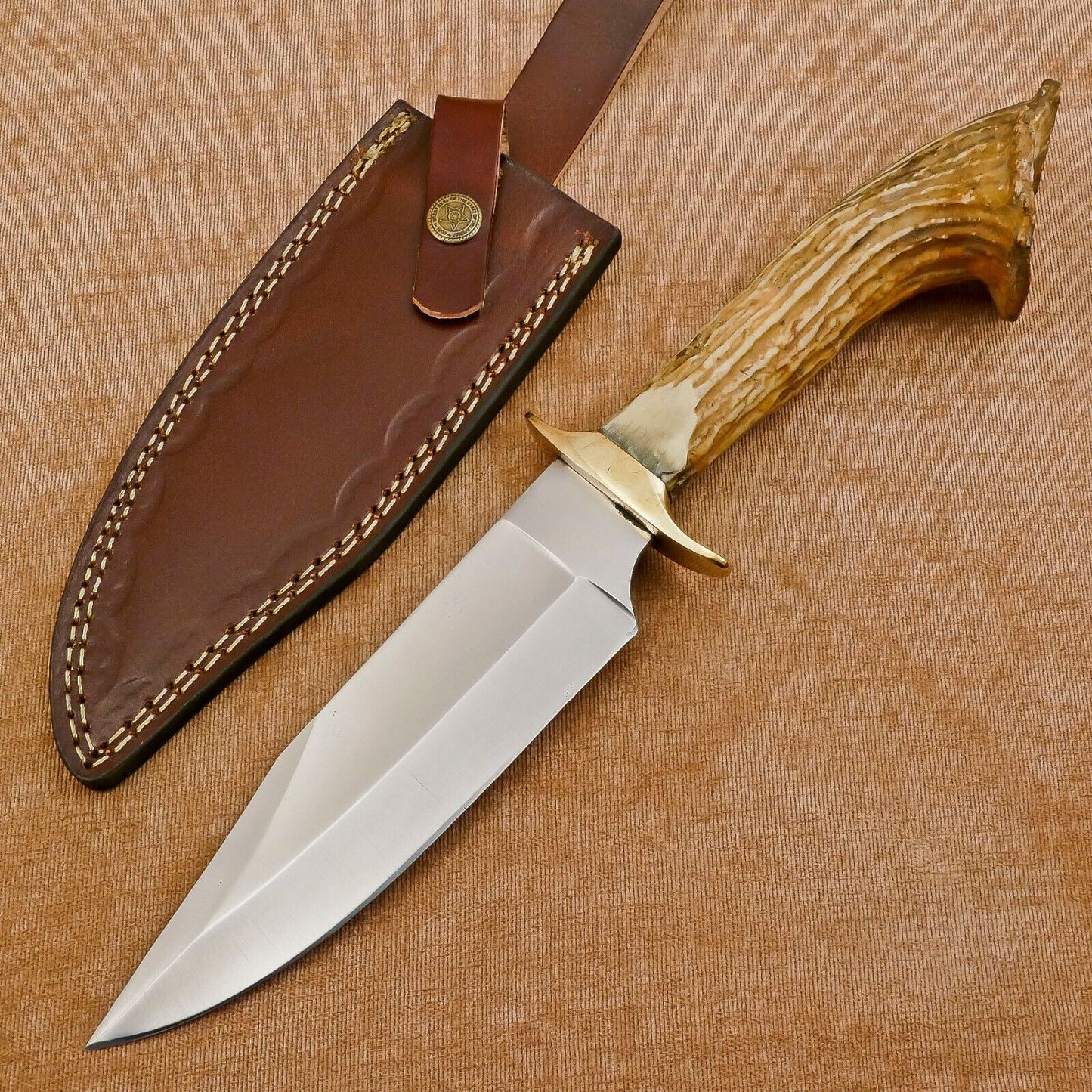 Handmade 12" D2 Clip Point Bowie Knife Full Tang Bowie Knife with Sheath and Antler Handle