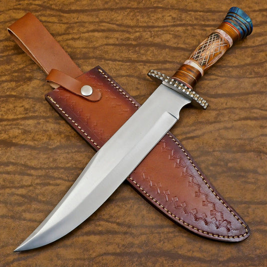 Handmade 12" D2 Steel Clip Point Bowie Hunting Knife – Bone & Wood Handle with Sheath