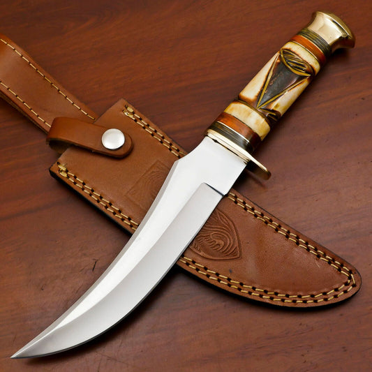 Handmade 12 Inch D2 Steel Blade Bowie Hunting Knife – Stained Engraved Bone Handle