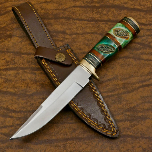 Handmade 12 Inch D2 Steel Bowie Camping Hunting Knife – Engraved Bone Handle, Full Tang Survival Blade