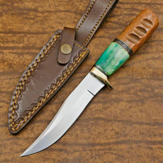 Handmade 12 Inch D2 Steel Bowie Camping Hunting Knife – Stained Bone Handle, Full Tang Survival Blade