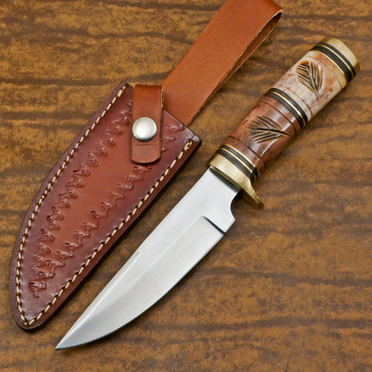 Handmade 12 Inch D2 Steel Bowie Camping Hunting Knife – Stained Bone Handle, Full Tang Survival Knife