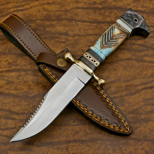 Handmade 12 Inch D2 Steel Bowie Outdoor Hunting Knife – Engraved Bone Handle, Full Tang Survival Bla
