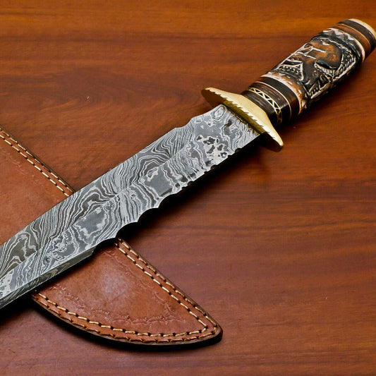 Handmade 15" Custom Engraved Damascus Bowie Hunting Knife – Camel Bone & Pakka Wood Handle