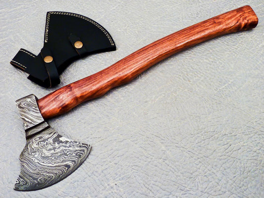 Handmade 18 Inch Damascus Steel Axe with Natural Wood Handle and Leather Sheath