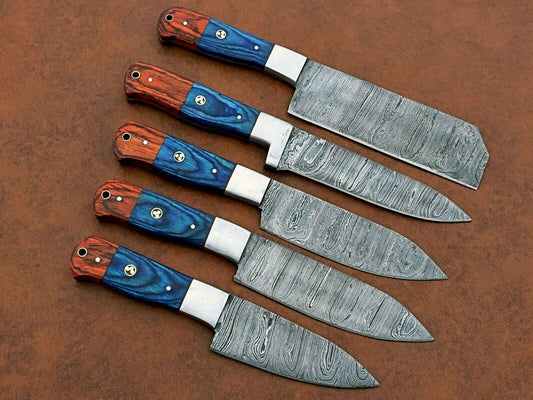 Handmade 5-Piece Damascus Chef Knife Set – Wood Handle, Sharp Edge, Gift for Her