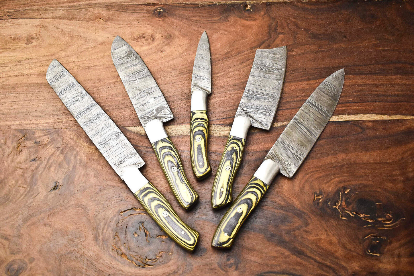 Handmade 5-Piece Damascus Steel Chef Knife Set – Hammered Professional Kitchen Knives
