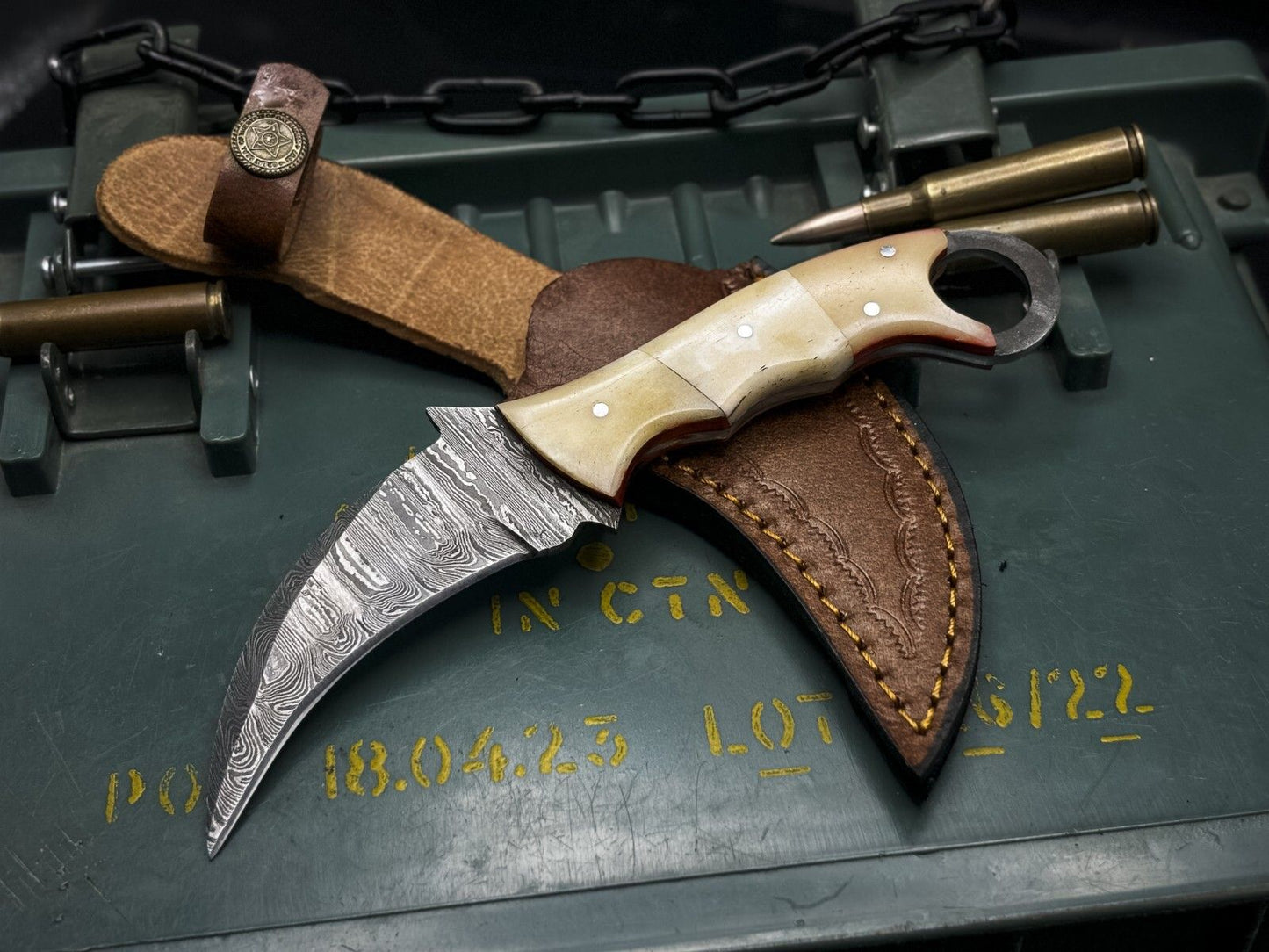 Handmade 7.5” Damascus Karambit Knife Damascus Steel Karambit with Bone Handle