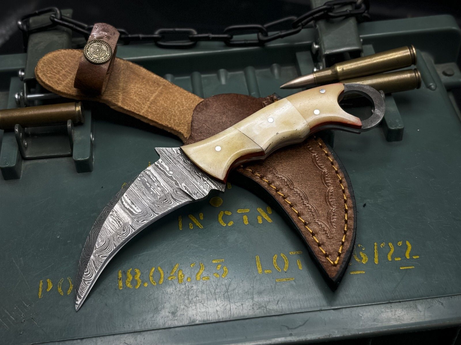 Handmade 7.5” Damascus Karambit Knife Damascus Steel Karambit with Bone Handle