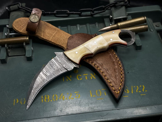 Handmade 7.5” Damascus Karambit Knife Damascus Steel Karambit with Bone Handle