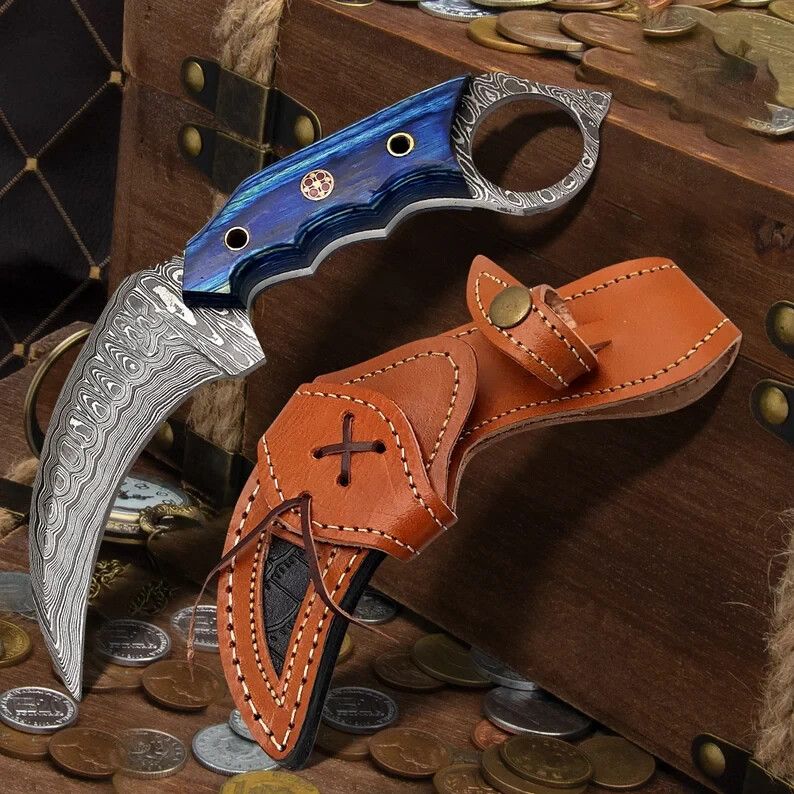 Handmade 8.25” Damascus Karambit Knife Full Tang Best Karambit With PakkaWood Handle