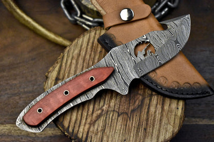 Handmade 8.5 Inch Damascus Skinner Knife with Gut Hook – Twist Pattern Blade and Hard Wood Handle Outdoor Hunting Knife