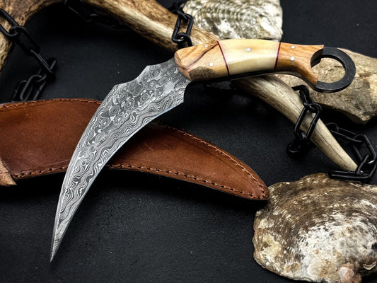 Handmade 8” Damascus Karambit Damascus Steel Hunting Knife with Bone and Wood Handle 