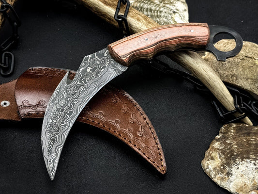 Handmade 8” Damascus Karambit Damascus Steel Karambit Knife with Wood Handle