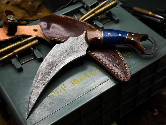 Handmade 8"Damascus Karambit Knife Best Damascus Hunting Knife with Wood and Resin Handle