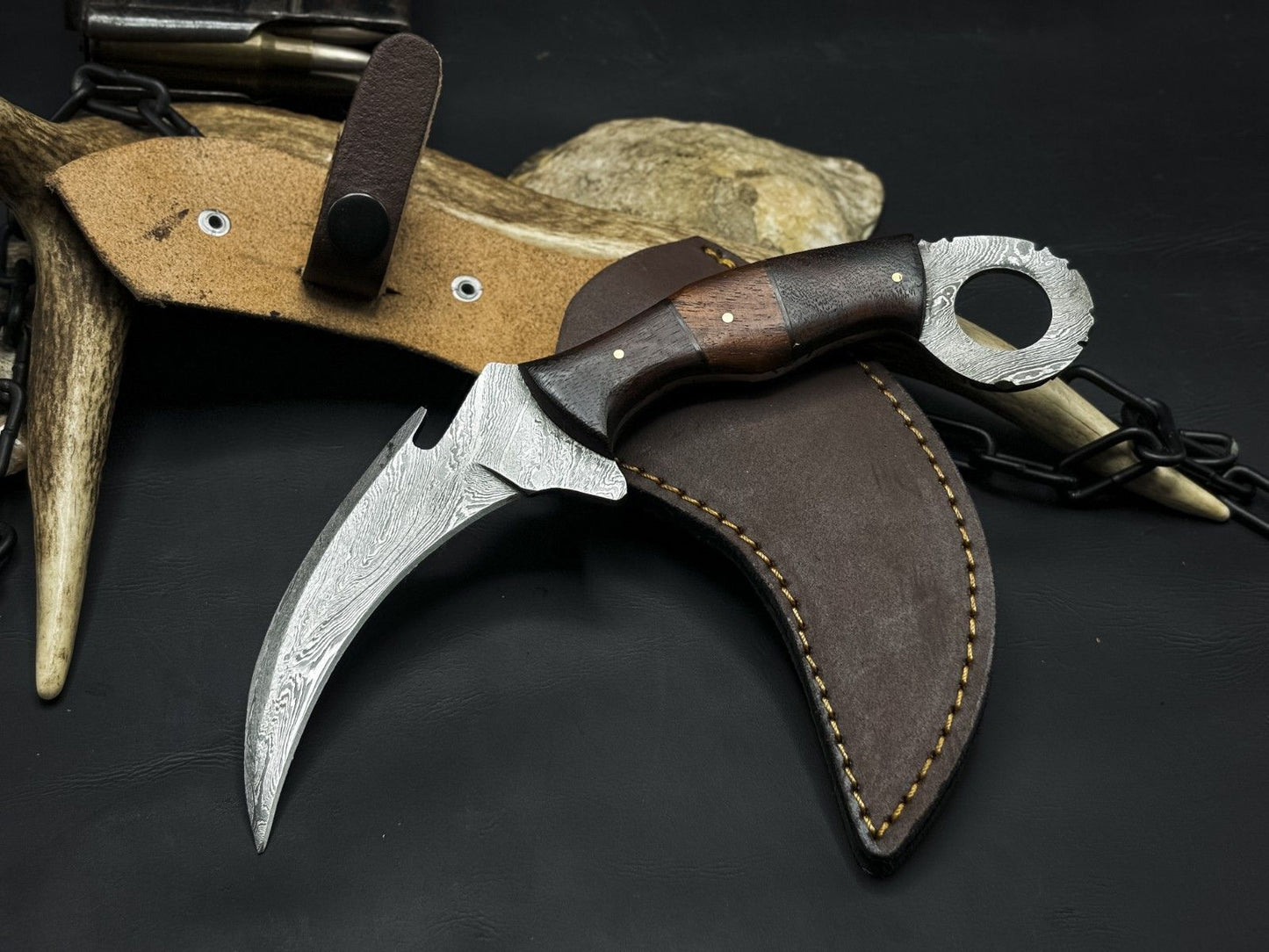 Handmade 8" Damascus Karambit Knife Best Damascus Steel Knife with Wood Handle 