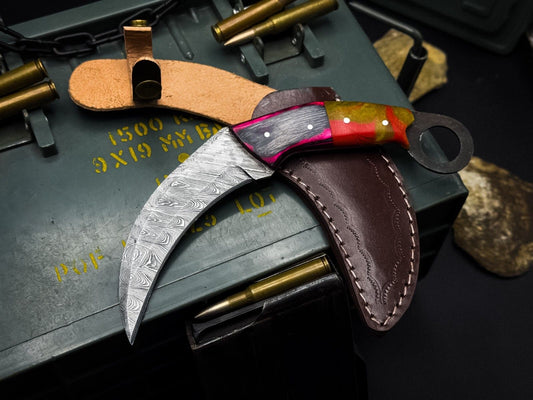 Handmade 8” Damascus Karambit Knife Best Damascus Steel Knife with Wood & Resin Handle