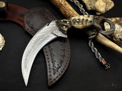 Handmade 8” Damascus Karambit Knife Damascus Steel Karambit With Ram Horn Handle 