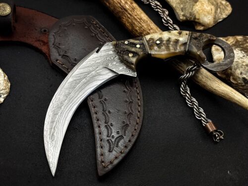 Handmade 8” Damascus Karambit Knife Damascus Steel Karambit With Ram Horn Handle 