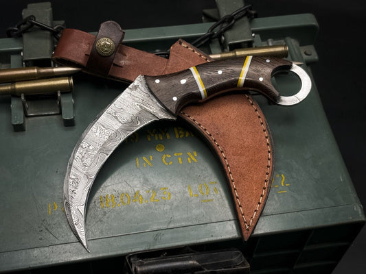 Handmade 8" Damascus Karambit Knife Damascus Steel Karambit with Wood Handle 