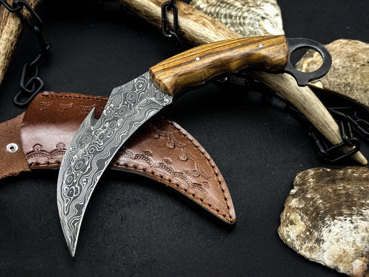 Handmade 8” Damascus Steel Karambit Knife Full Tang Best Karambit with Wood Handle