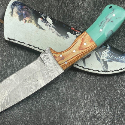 Handmade 8 Inch Damascus Skinning Knife with Resin and Hardwood Handle