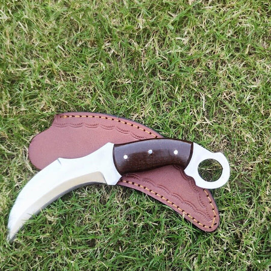 Handmade 9" D2 Steel Karambit Knife Full Tang Fixed Blade Karambit with Wood Handle
