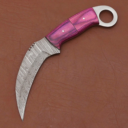 Handmade 9"Damascus Karambit Damascus Steel Hunting Knife with Wood Handle 