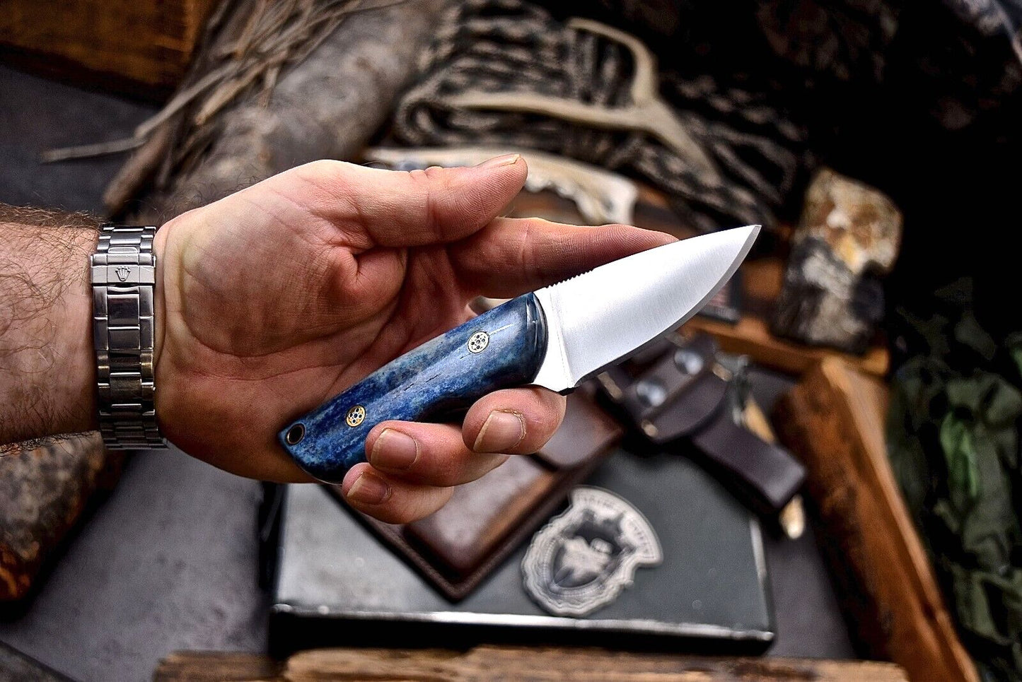 Handmade AUS-8 Hunting Skinner Knife | Blue Camel Bone Handle | Heritage Forge EDC Knife