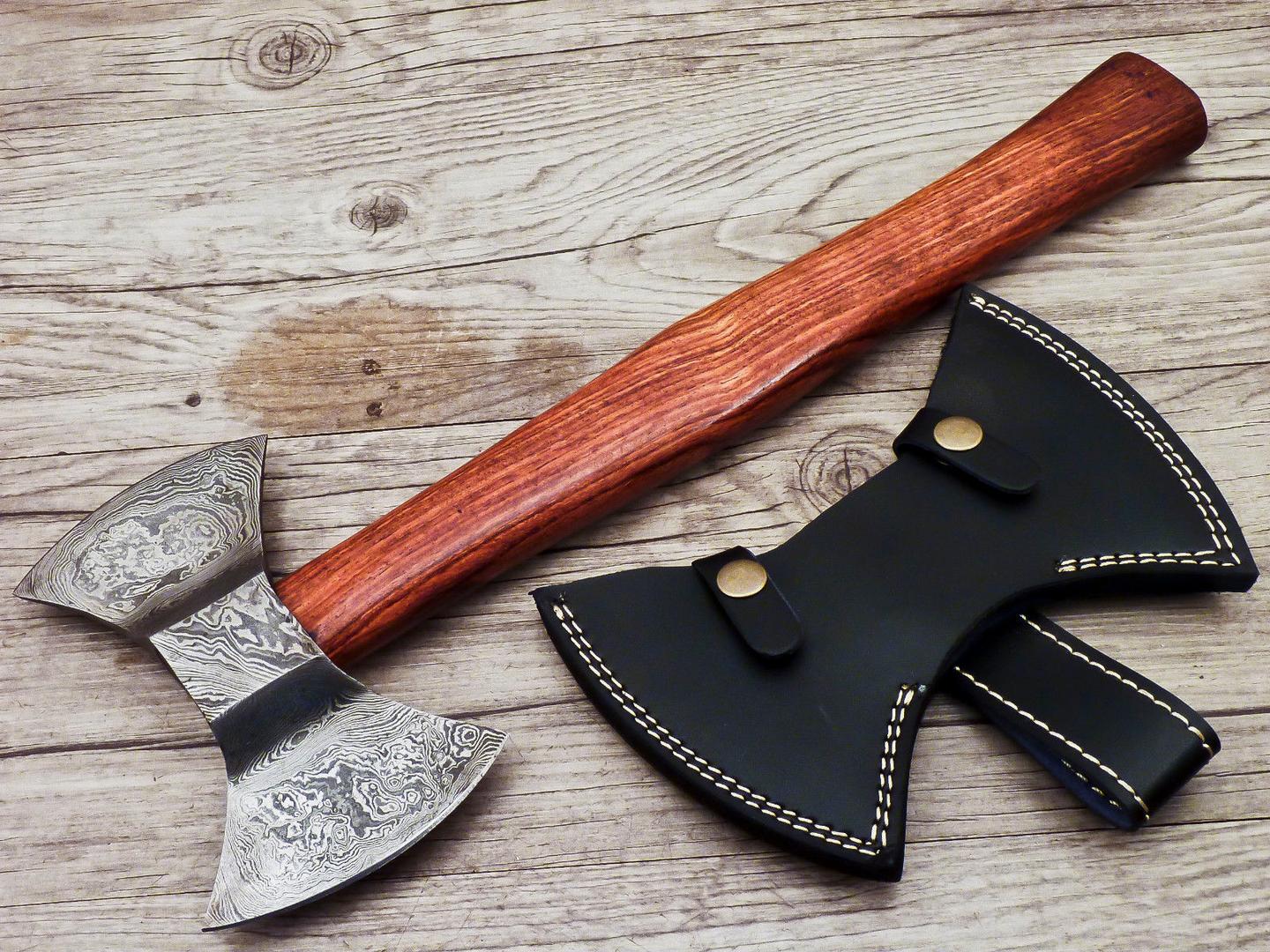 Handmade Axe  15" Damascus Steel Double Edge Blade Axe With Wood Handle and Sheath