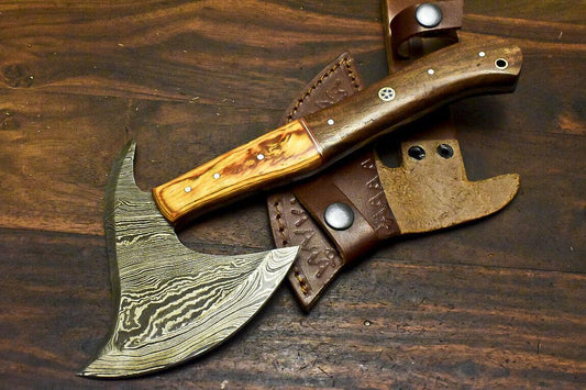 Handmade Axe Damascus Walnut Wood Clever Chopper Axe Knife with Leather Sheath