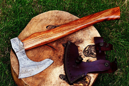 Handmade Axe Hatchet Tomahawk Wood Handle | Hand Forged Damascus Steel Twist Pattern – 17.5-Inch Viking Axe with Leather Sheath