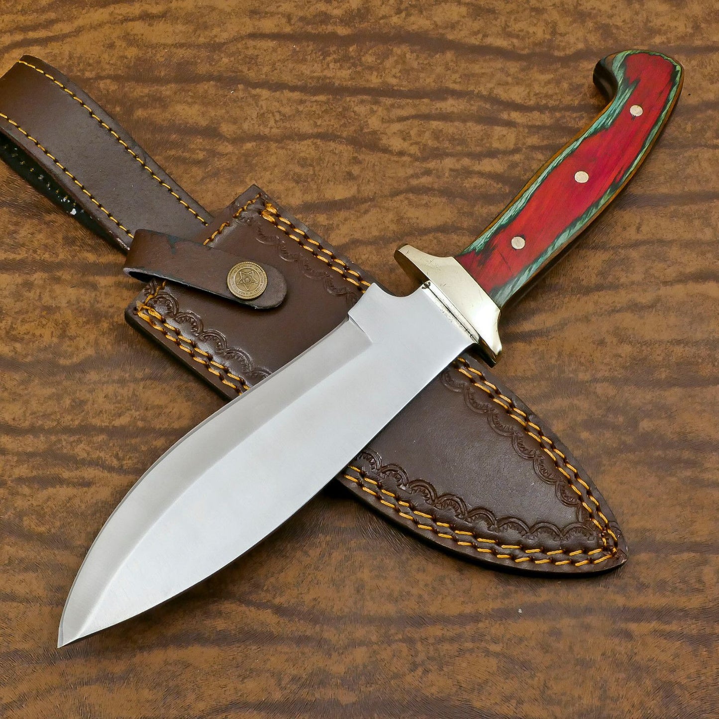Handmade D2 Bowie Hunting Knife | 12-Inch Blade with Pakka Wood Handle & Leather Sheath