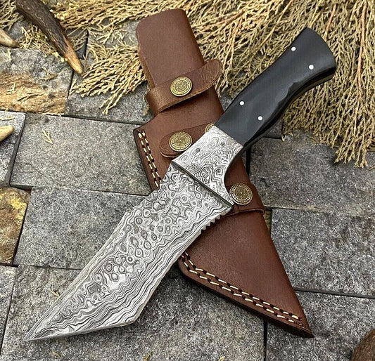 Handmade Bushcraft Tracker Hunting Knife – Hand Forged Damascus Steel with Bull Horn Handle & Leather Sheath