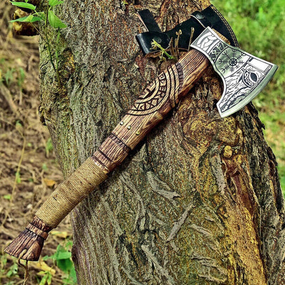 Handmade Carbon Steel Axe Viking Axe with Engraved Wooden Handle and Leather Sheath