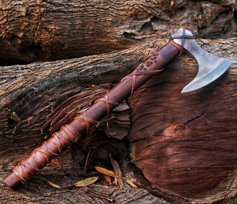 Handmade Carbon Steel Axe Viking Axe with Wooden Handle & Sheath for Outdoor Use