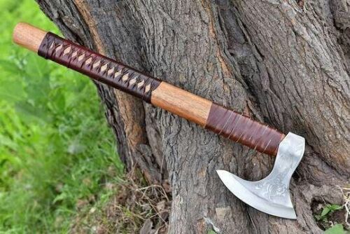 Handmade Carbon Steel Axe Viking Axe with Wooden Handle and Leather Sheath