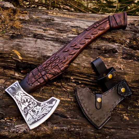 Handmade Carbon Steel Axe Viking Bearded Axe with Engraved Wooden Handle & Sheath
