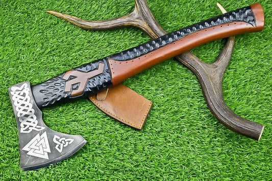 Handmade Carbon Steel Axe Viking Bearded Axe with Wood Handle & Leather Sheath