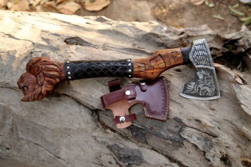 Handmade Carbon Steel Axe Viking Tactical Axe With Wooden Handle & Leather Sheath 