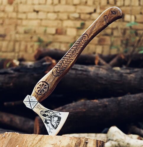 Handmade Carbon Steel Axe Viking Tomahawk Axe with Wooden Handle & Leather Sheath