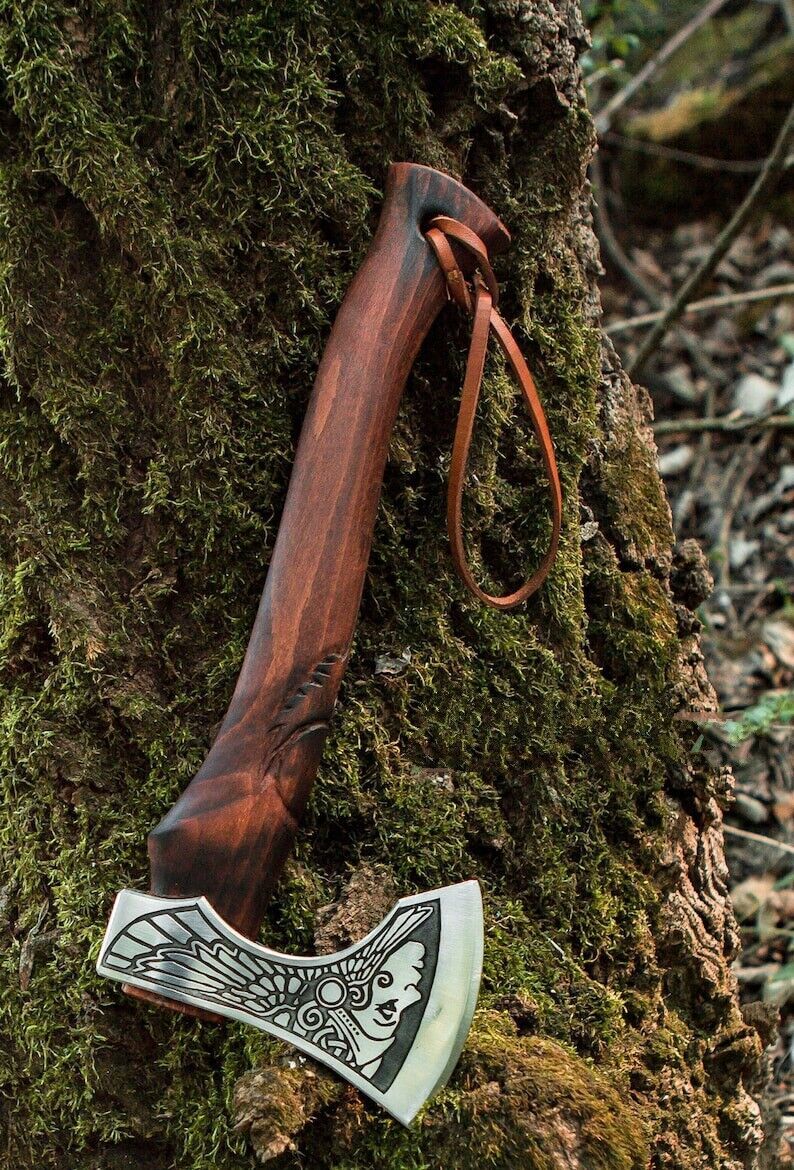 Handmade Carbon Steel Axe Viking Tomhawk Axe With Olive Wood Handle & Leather Sheath